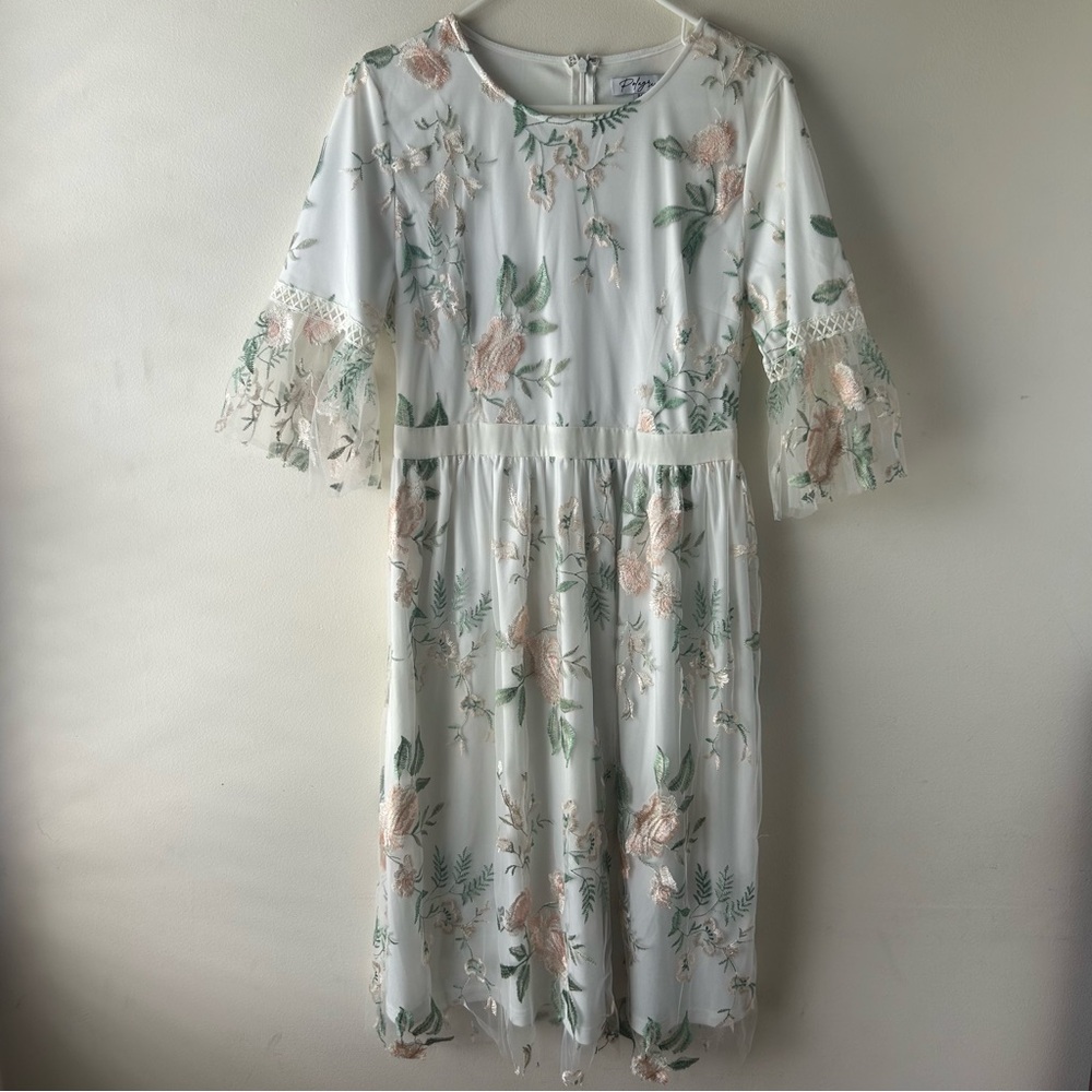 Polagram Floral Appliqué Tulle Midi Dress White Green Pink M